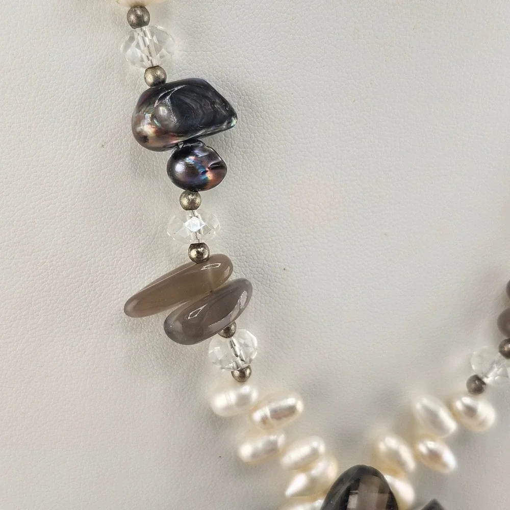 Freshwater Pearl Necklace Gray Flower Crystal‎ Stone Beaded Jewelry